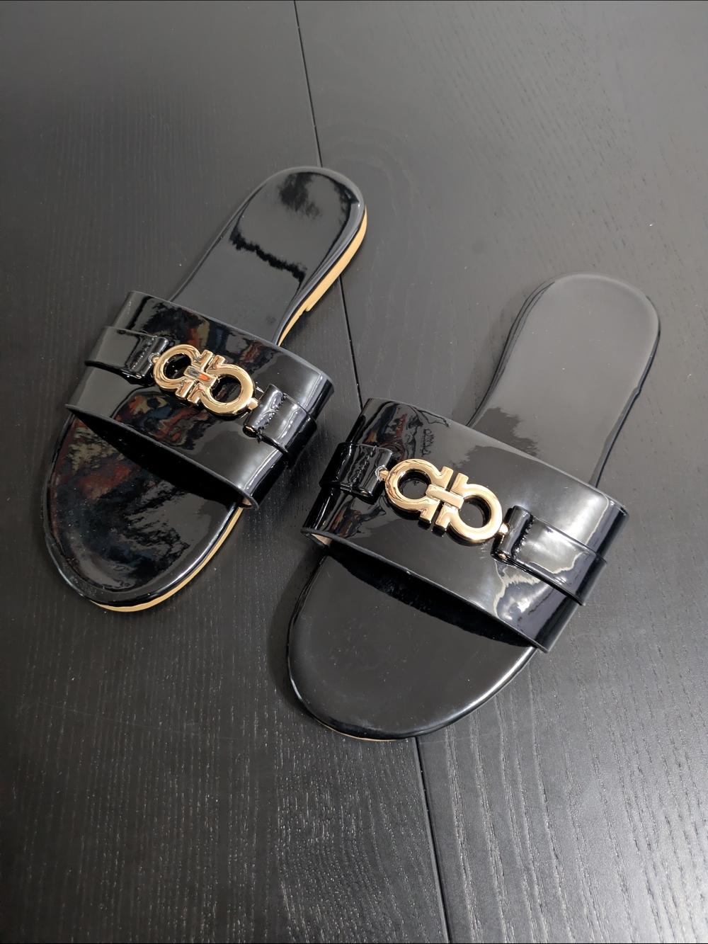 Salvatore Ferragamo Black Patent Slide Sandals with Gold Gancini